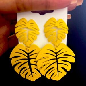 Yellow Palm Leaf Earrings, Cute, Chic, Fashionable